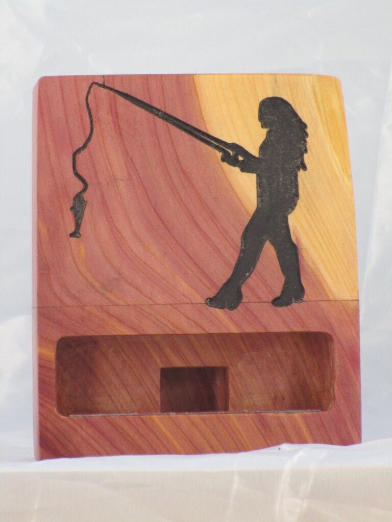 Eastern Red Cedar Phone Stand - Lady Fishing/Live edge wood
